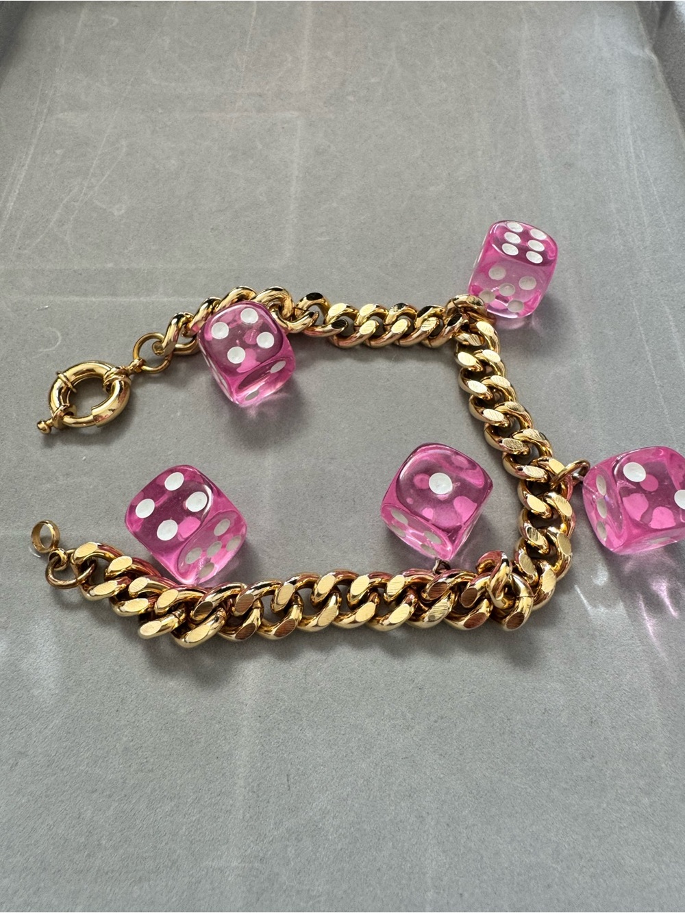 Gold Chunky Curb Chain Bracelet with Pink Dice Charms - Shiny Gold